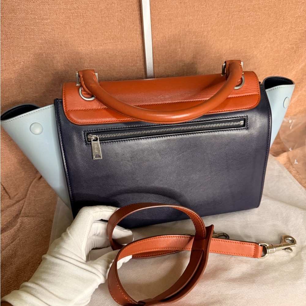 CELINE Trapeze Small Leather 2way Shoulder Bag Sky Blue& Navy & Brown - Picture 10 of 16